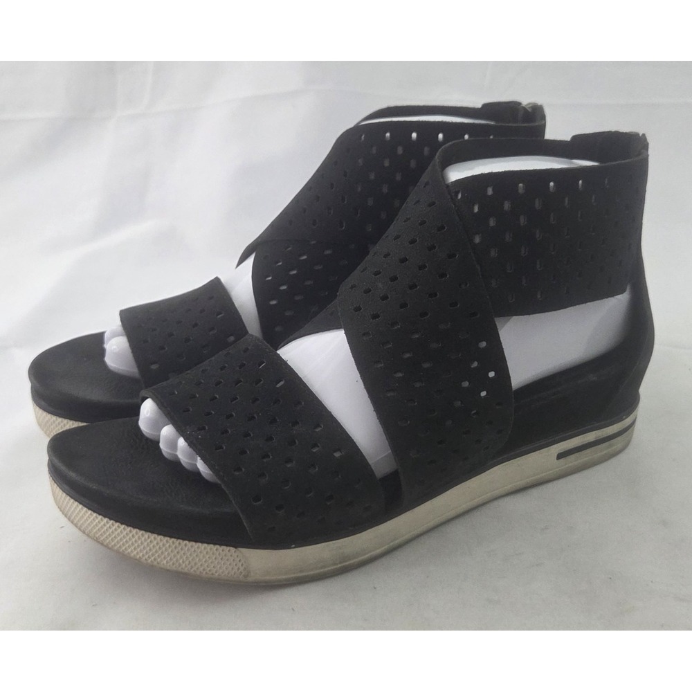 Eileen Fisher Sandals Womens 9 Black Nubuck Leather Perforated  Platform Zip Up